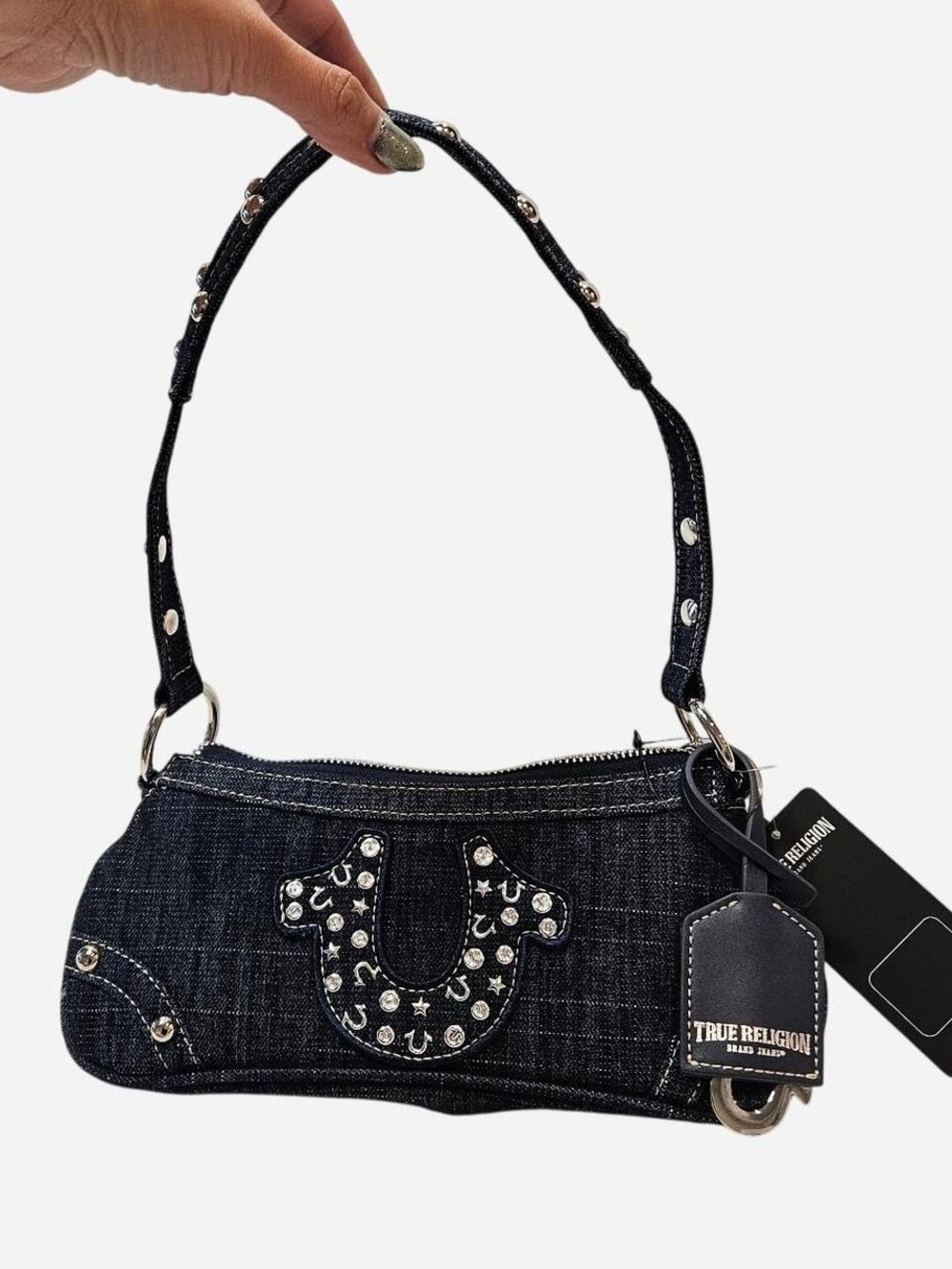 True Religion NWT Dark Denim Shoulder Bag Horeshoe With Rhinestone Logo Y2K